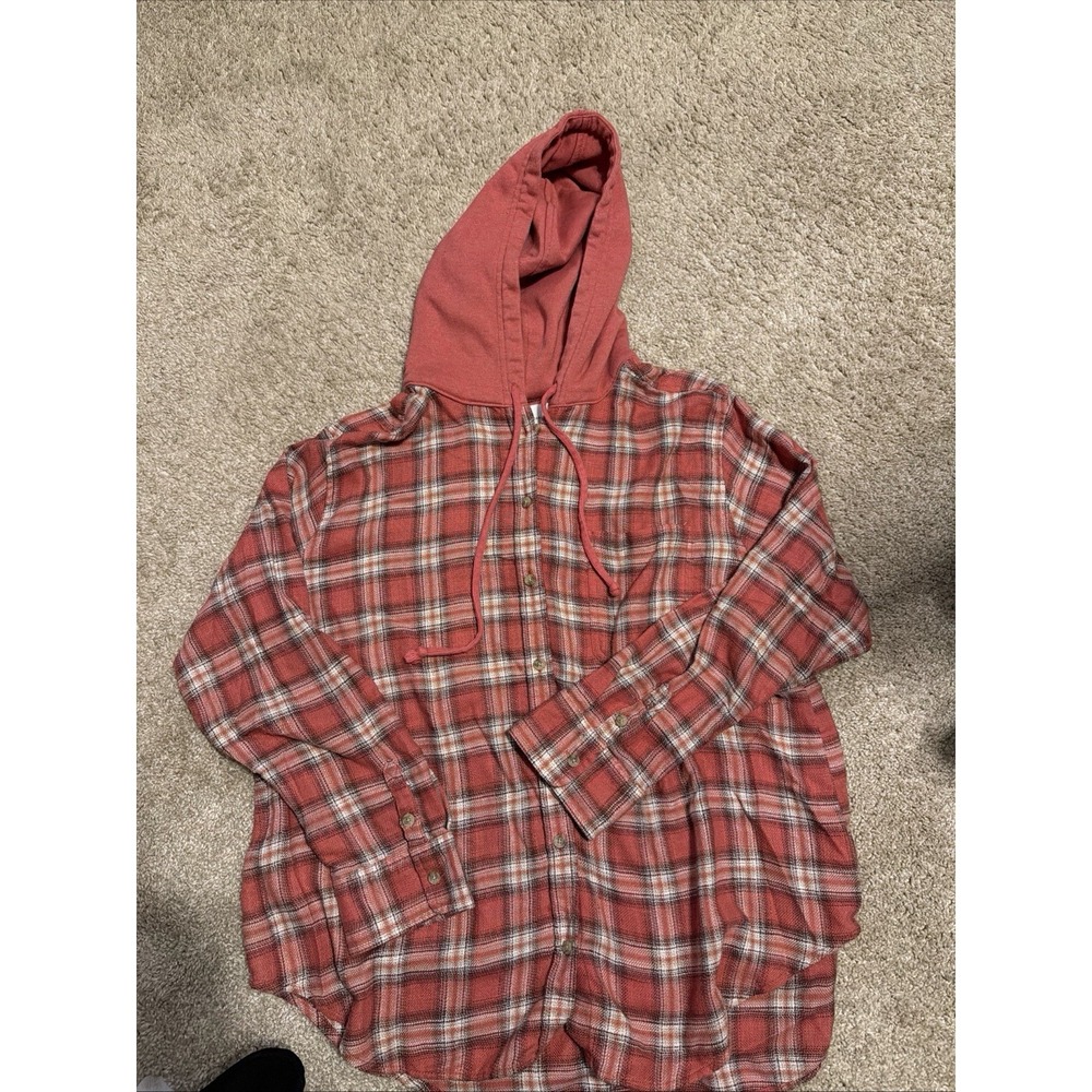 American Eagle Coral Plaid Button Front Hooded Flannel Shirt | Large